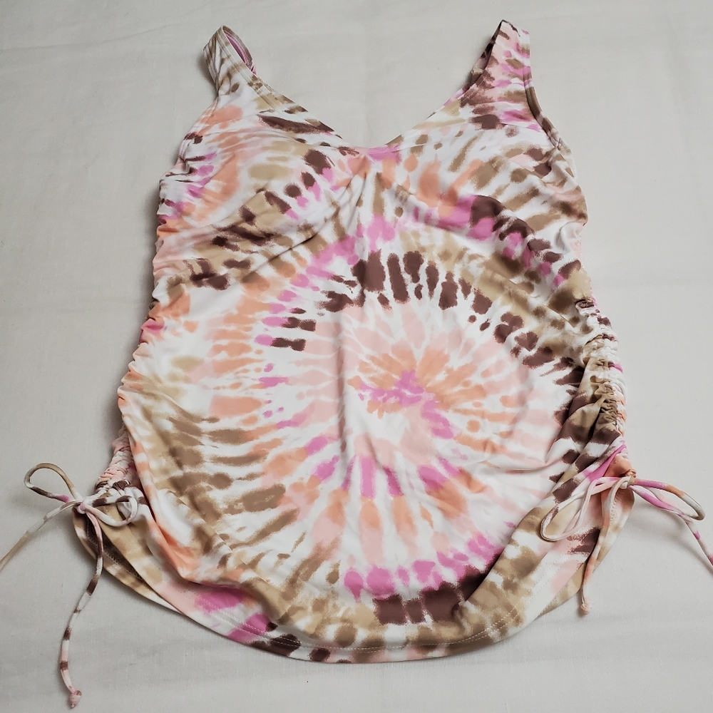 Lands End Waist Tie Tankini Swimsuit Top Tie Dye Pink Size 6 Built in Bra Summer